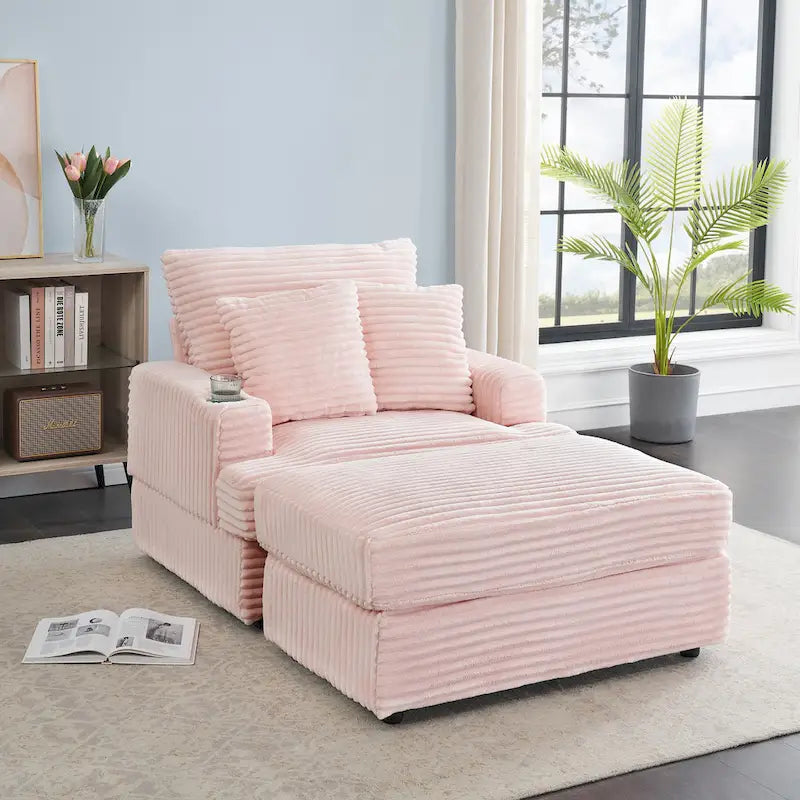 Pink 39.37 Cord-Einzelarmsessel mit Ottomane, Getränkehalter