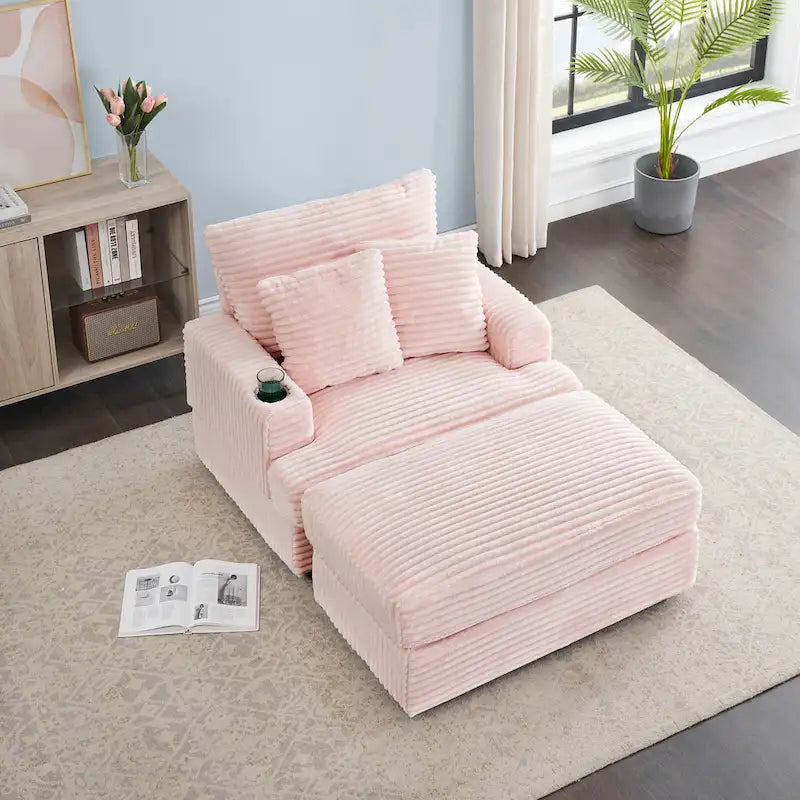 Pink 39.37 Cord-Einzelarmsessel mit Ottomane, Getränkehalter