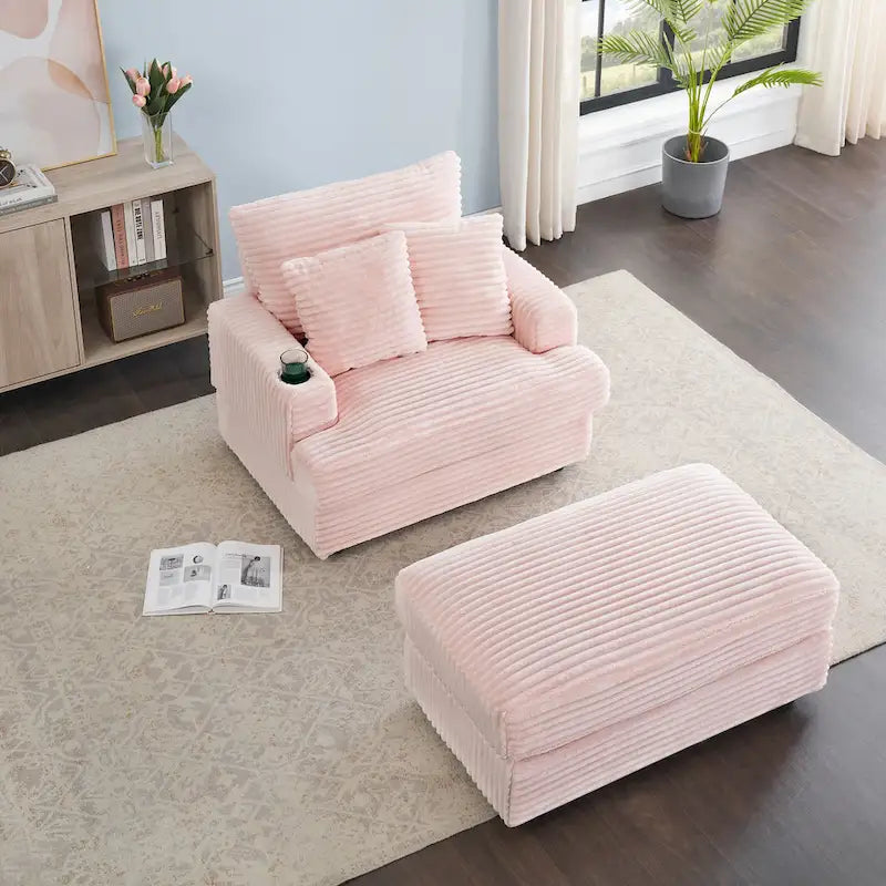 Pink 39.37 Cord-Einzelarmsessel mit Ottomane, Getränkehalter