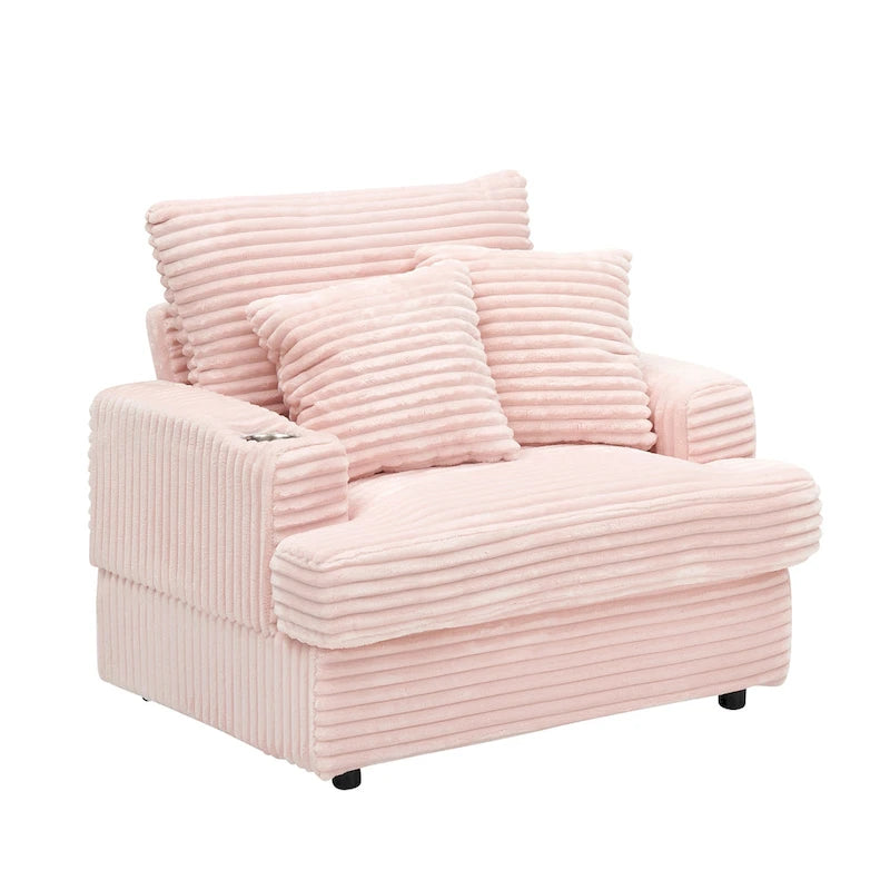 Pink 39.37 Cord-Einzelarmsessel mit Ottomane, Getränkehalter