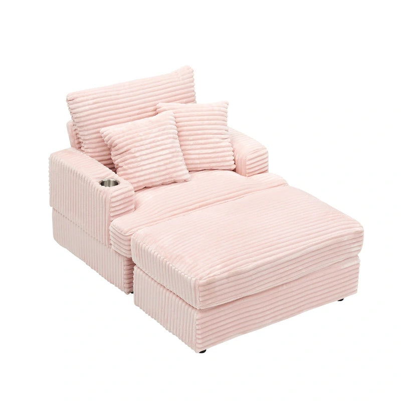 Pink 39.37 Cord-Einzelarmsessel mit Ottomane, Getränkehalter