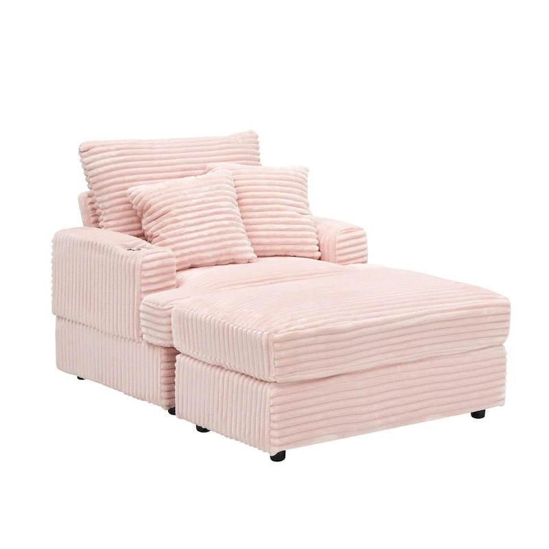 Pink 39.37 Cord-Einzelarmsessel mit Ottomane, Getränkehalter