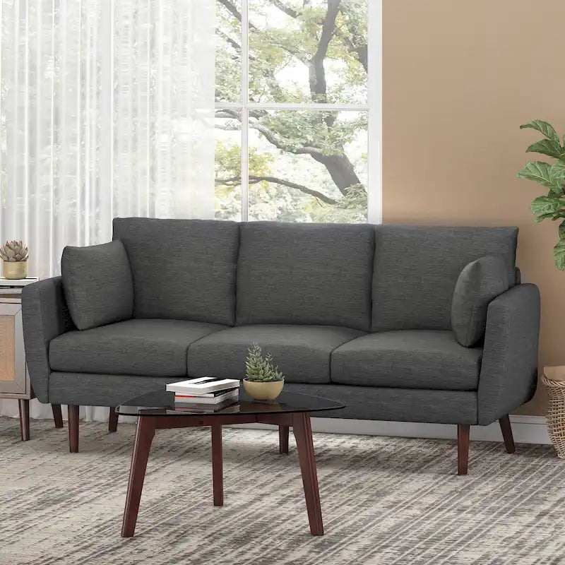 3-Sitzer-Sofa mit Kissenrückenlehne und Beinen aus Birkenholz, anthrazitfarbener Stoff