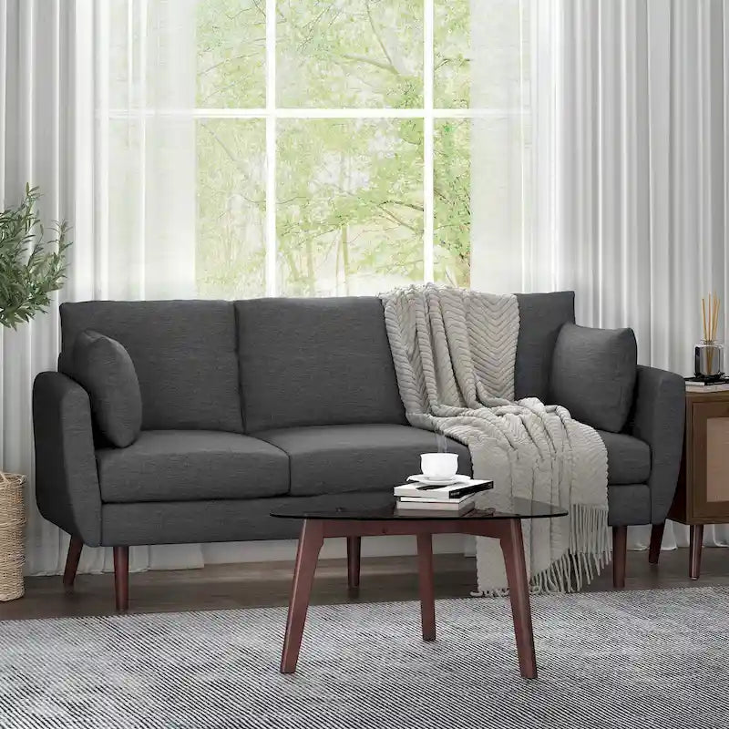 3-Sitzer-Sofa mit Kissenrückenlehne und Beinen aus Birkenholz, anthrazitfarbener Stoff