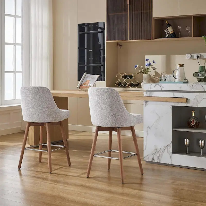 2er Set Drehbarer Barhocker, Thekenhöhe Barstühle mit Rückenlehne und Holzbeinen, Polsterstühle für Kücheninsel