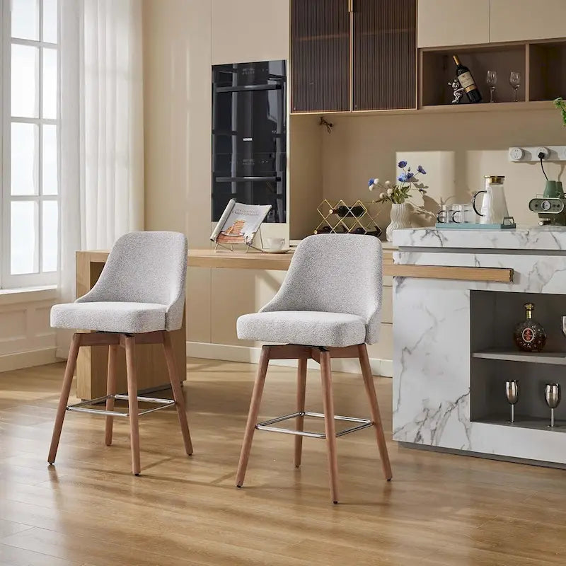 2er Set Drehbarer Barhocker, Thekenhöhe Barstühle mit Rückenlehne und Holzbeinen, Polsterstühle für Kücheninsel