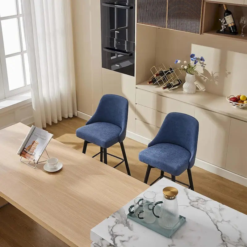 2er Set Drehbarer Barhocker, Thekenhöhe Barstühle mit Rückenlehne und Holzbeinen, Polsterstühle für Kücheninsel