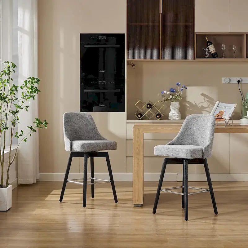 2er Set Drehbarer Barhocker, Thekenhöhe Barstühle mit Rückenlehne und Holzbeinen, Polsterstühle für Kücheninsel