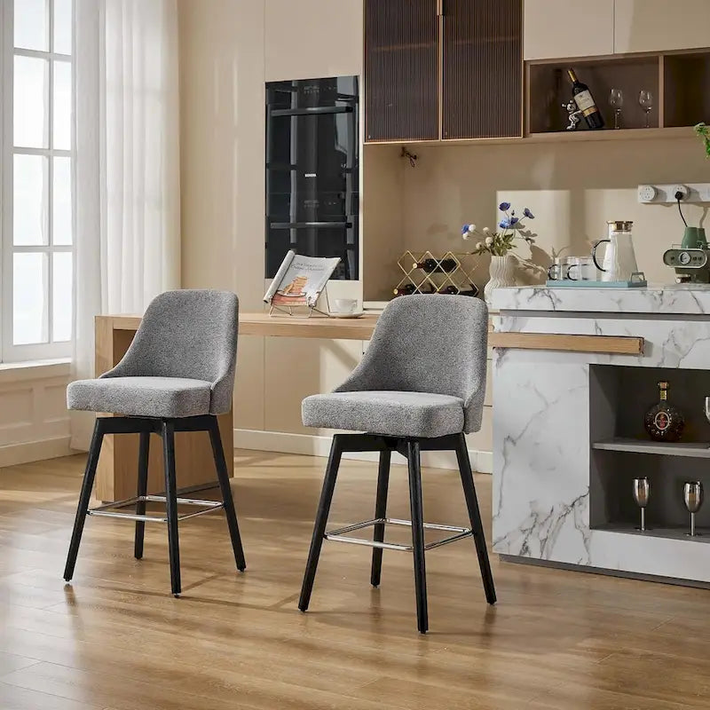 2er Set Drehbarer Barhocker, Thekenhöhe Barstühle mit Rückenlehne und Holzbeinen, Polsterstühle für Kücheninsel