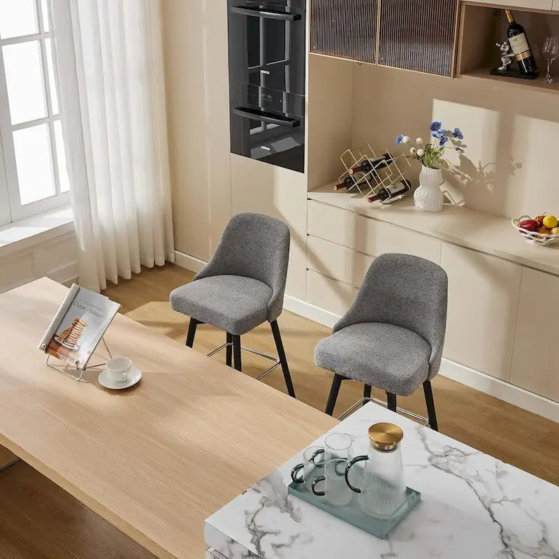2er Set Drehbarer Barhocker, Thekenhöhe Barstühle mit Rückenlehne und Holzbeinen, Polsterstühle für Kücheninsel