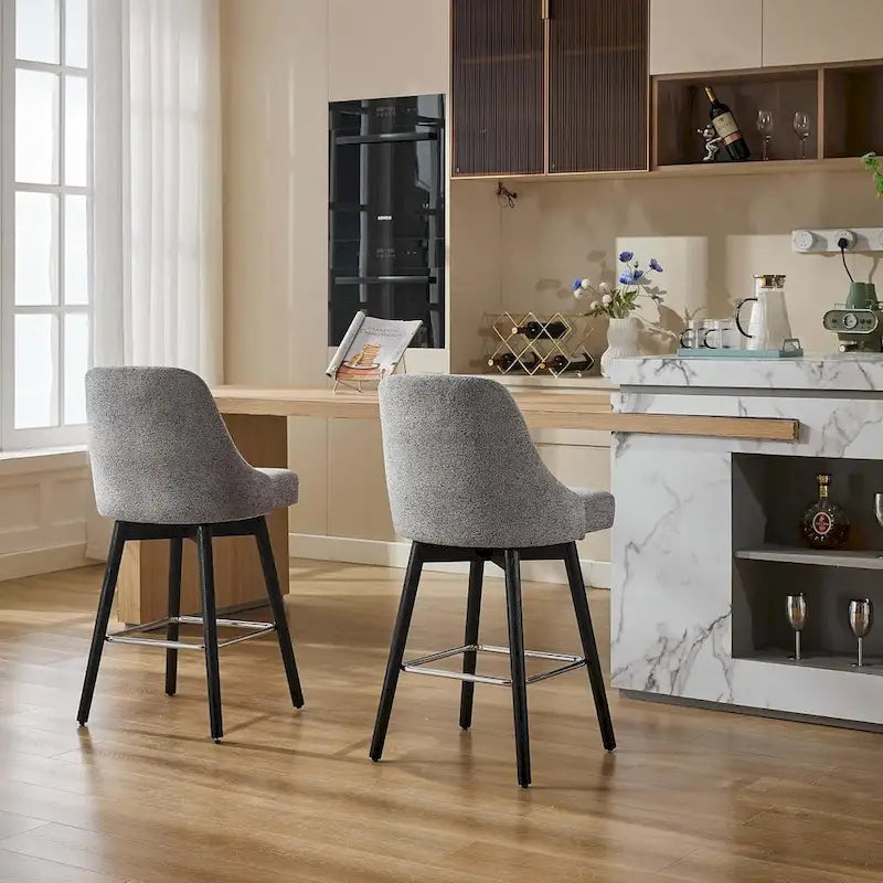 2er Set Drehbarer Barhocker, Thekenhöhe Barstühle mit Rückenlehne und Holzbeinen, Polsterstühle für Kücheninsel