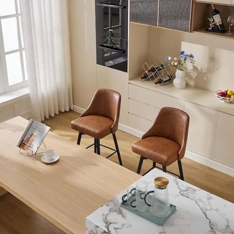 2er Set Drehbarer Barhocker, Thekenhöhe Barstühle mit Rückenlehne und Holzbeinen, Polsterstühle für Kücheninsel