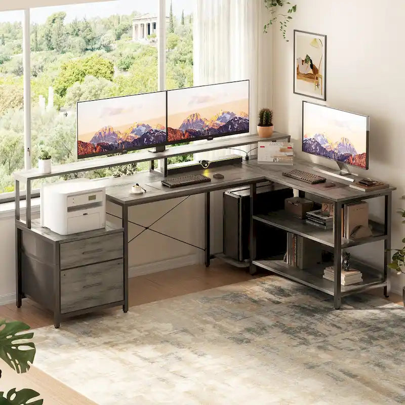 Reversible L Shaped Computer Desk with File Drawer  Long Monitor Stand  Charging Station & RGB LED Strips