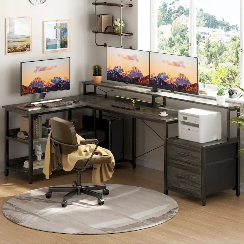 Reversibler L-förmiger Computertisch mit Aktenschublade, langer Monitorhalterung, Ladestation und RGB-LED-Streifen