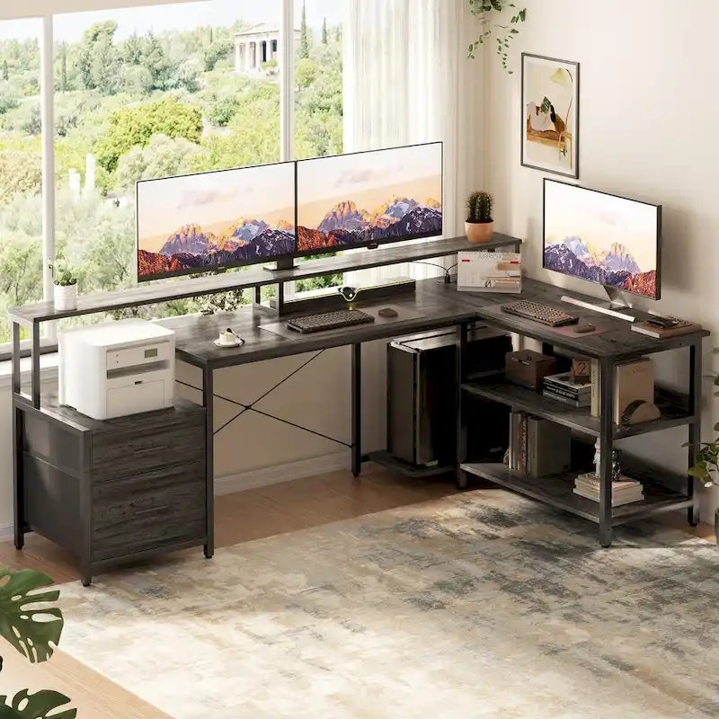 Reversibler L-förmiger Computertisch mit Aktenschublade, langer Monitorhalterung, Ladestation und RGB-LED-Streifen