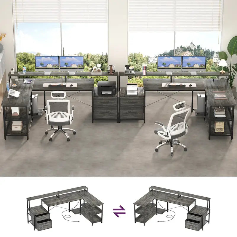 Reversibler L-förmiger Computertisch mit Aktenschublade, langer Monitorhalterung, Ladestation und RGB-LED-Streifen