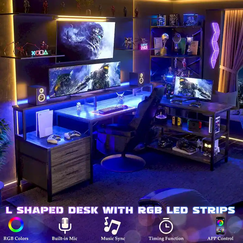 Reversibler L-förmiger Computertisch mit Aktenschublade, langer Monitorhalterung, Ladestation und RGB-LED-Streifen