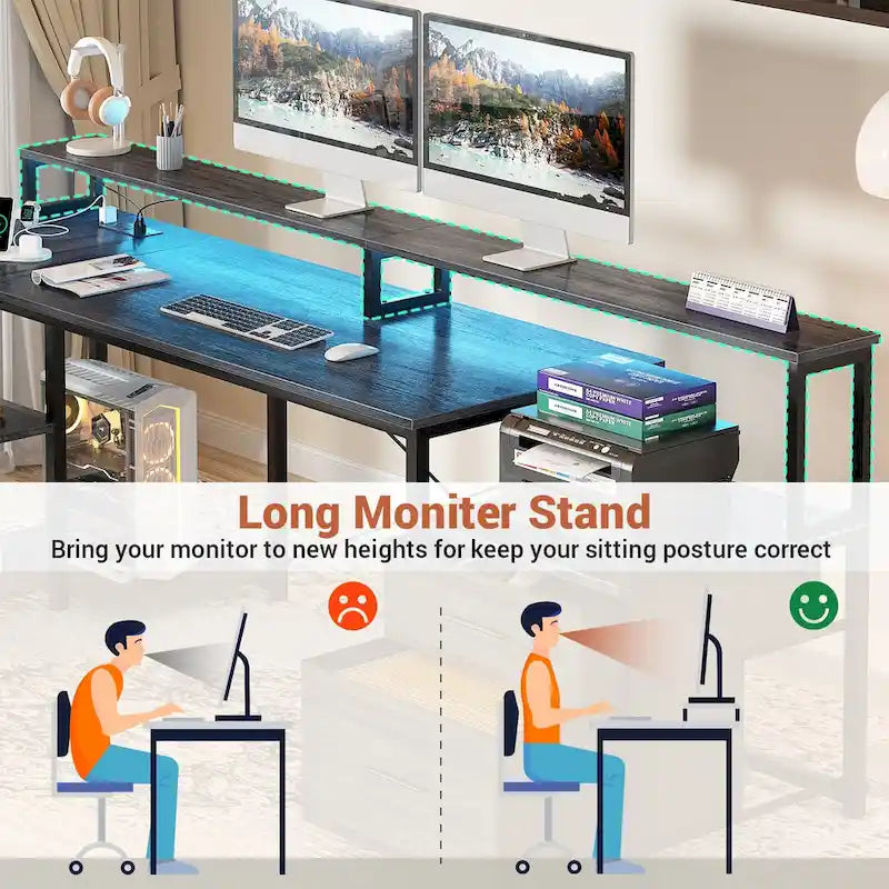 Reversibler L-förmiger Computertisch mit Aktenschublade, langer Monitorhalterung, Ladestation und RGB-LED-Streifen
