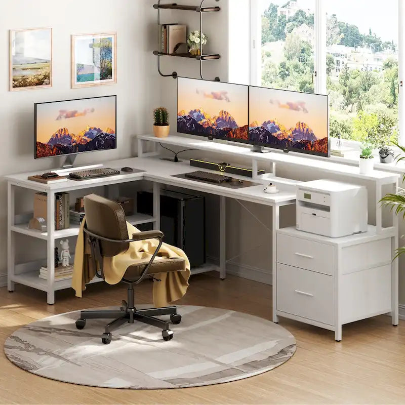 Reversibler L-förmiger Computertisch mit Aktenschublade, langer Monitorhalterung, Ladestation und RGB-LED-Streifen