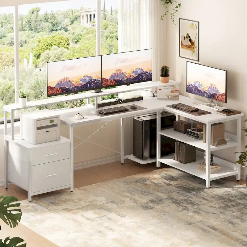 Reversibler L-förmiger Computertisch mit Aktenschublade, langer Monitorhalterung, Ladestation und RGB-LED-Streifen