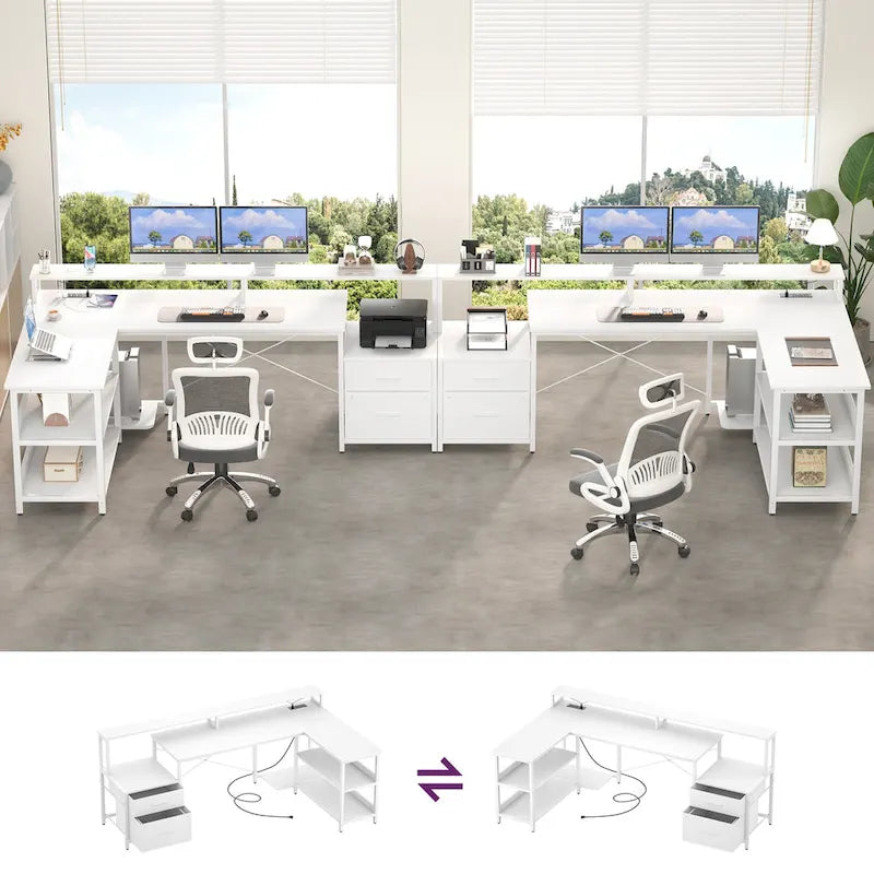 Reversibler L-förmiger Computertisch mit Aktenschublade, langer Monitorhalterung, Ladestation und RGB-LED-Streifen