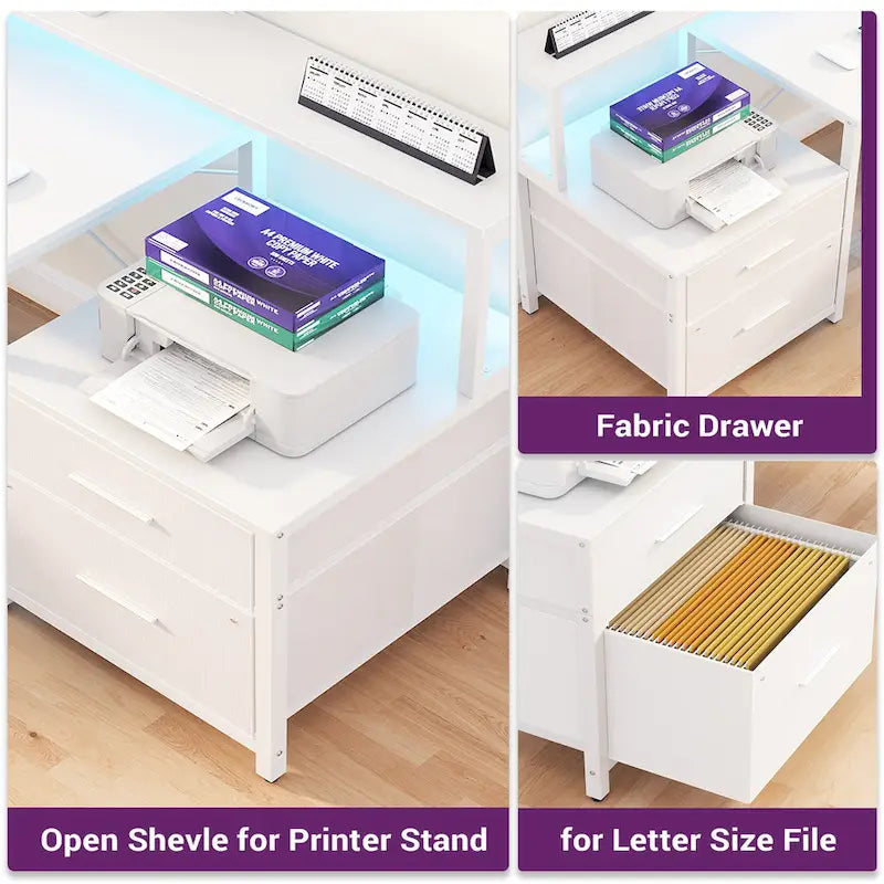 Reversibler L-förmiger Computertisch mit Aktenschublade, langer Monitorhalterung, Ladestation und RGB-LED-Streifen