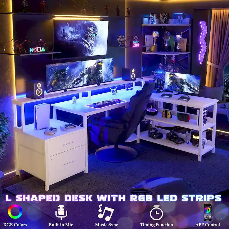 Reversibler L-förmiger Computertisch mit Aktenschublade, langer Monitorhalterung, Ladestation und RGB-LED-Streifen