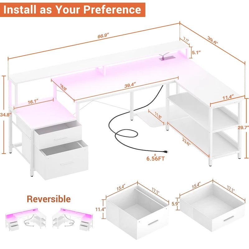 Reversibler L-förmiger Computertisch mit Aktenschublade, langer Monitorhalterung, Ladestation und RGB-LED-Streifen