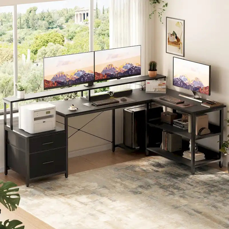 Reversibler L-förmiger Computertisch mit Aktenschublade, langer Monitorhalterung, Ladestation und RGB-LED-Streifen