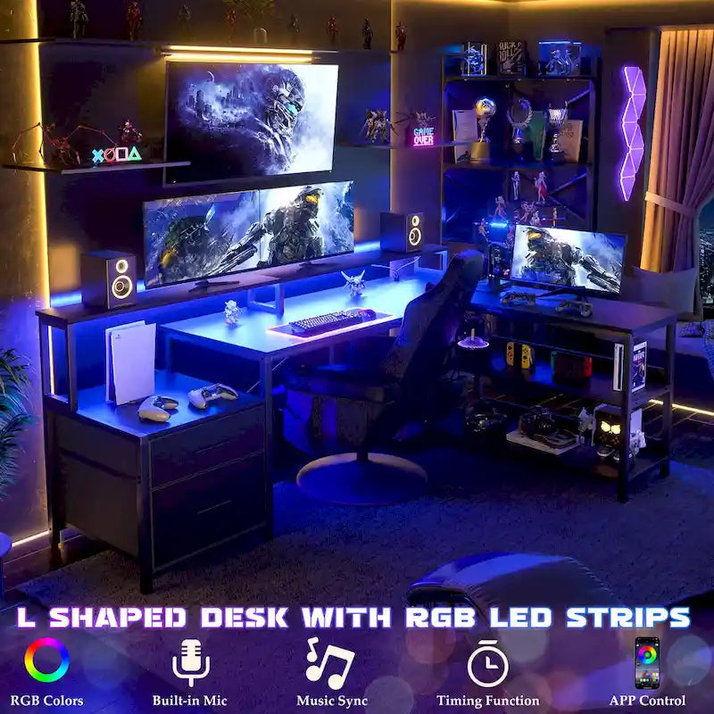 Reversibler L-förmiger Computertisch mit Aktenschublade, langer Monitorhalterung, Ladestation und RGB-LED-Streifen