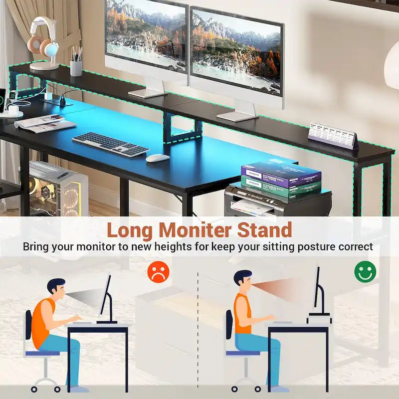 Reversibler L-förmiger Computertisch mit Aktenschublade, langer Monitorhalterung, Ladestation und RGB-LED-Streifen