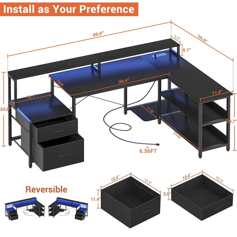Reversibler L-förmiger Computertisch mit Aktenschublade, langer Monitorhalterung, Ladestation und RGB-LED-Streifen