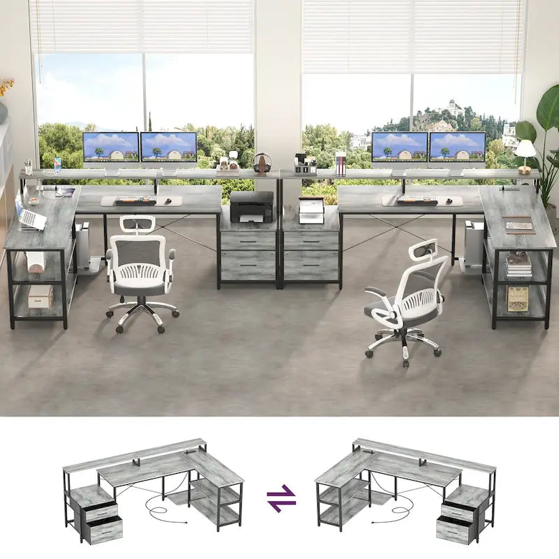 Reversibler L-förmiger Computertisch mit Aktenschublade, langer Monitorhalterung, Ladestation und RGB-LED-Streifen
