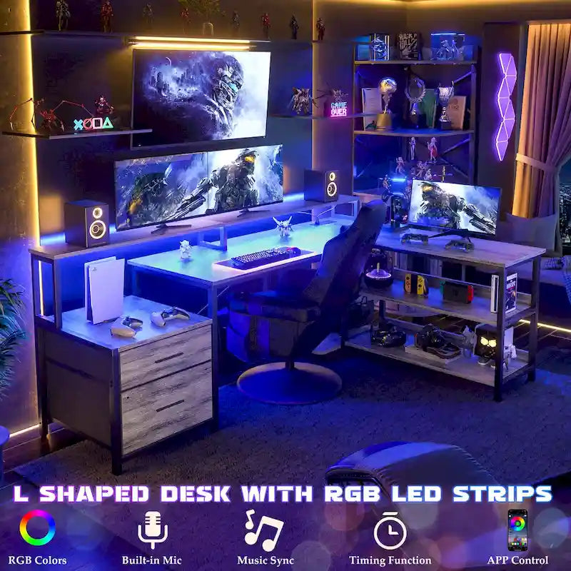 Reversibler L-förmiger Computertisch mit Aktenschublade, langer Monitorhalterung, Ladestation und RGB-LED-Streifen