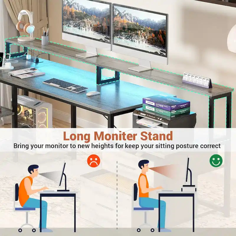 Reversibler L-förmiger Computertisch mit Aktenschublade, langer Monitorhalterung, Ladestation und RGB-LED-Streifen