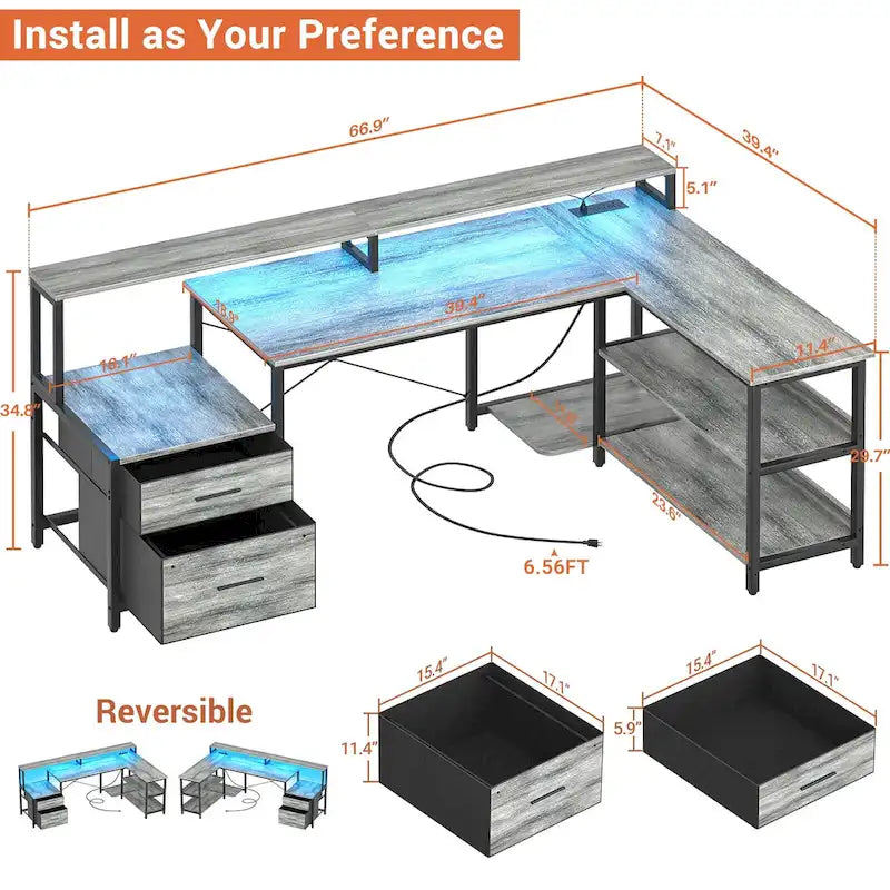 Reversibler L-förmiger Computertisch mit Aktenschublade, langer Monitorhalterung, Ladestation und RGB-LED-Streifen