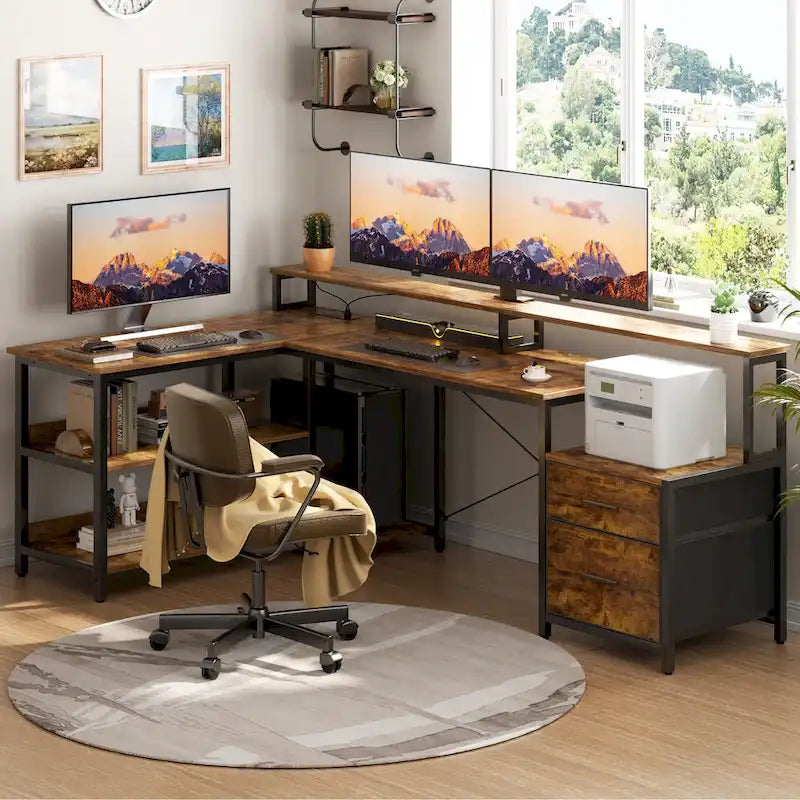 Reversibler L-förmiger Computertisch mit Aktenschublade, langer Monitorhalterung, Ladestation und RGB-LED-Streifen