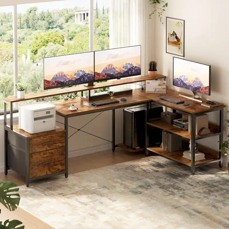 Reversibler L-förmiger Computertisch mit Aktenschublade, langer Monitorhalterung, Ladestation und RGB-LED-Streifen