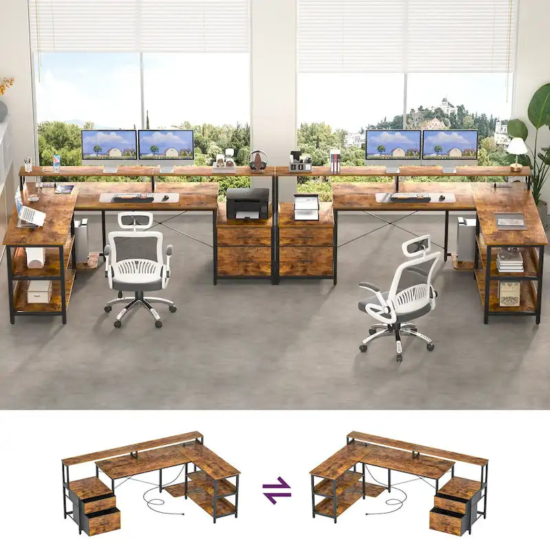 Reversibler L-förmiger Computertisch mit Aktenschublade, langer Monitorhalterung, Ladestation und RGB-LED-Streifen