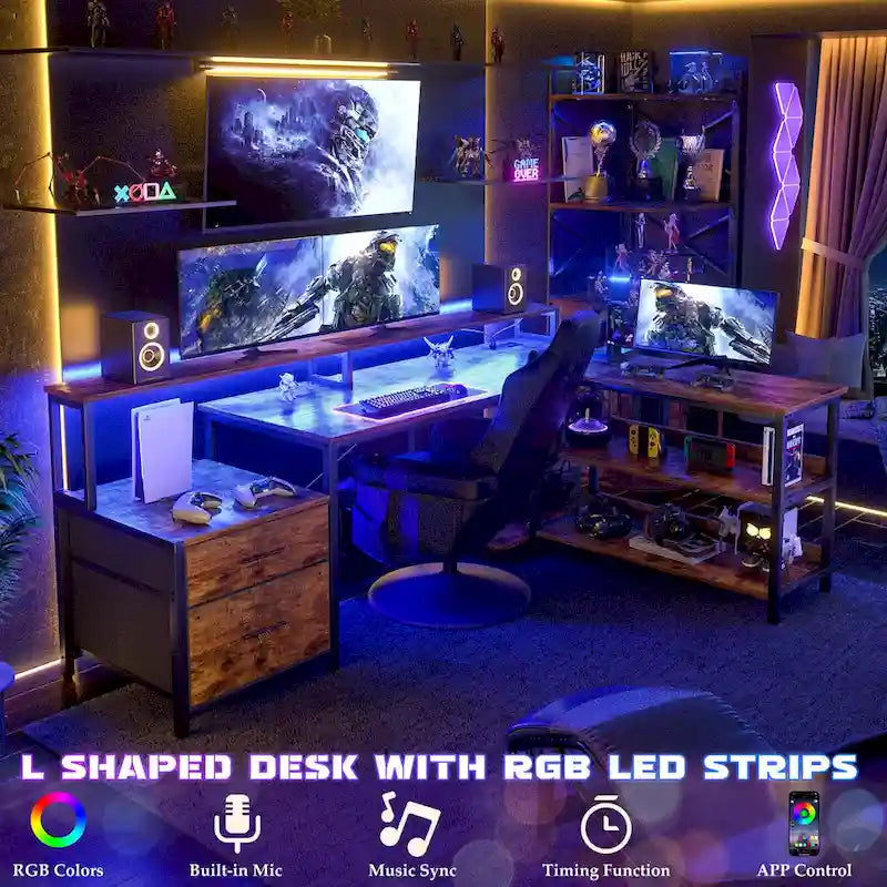 Reversibler L-förmiger Computertisch mit Aktenschublade, langer Monitorhalterung, Ladestation und RGB-LED-Streifen