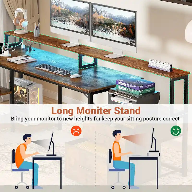 Reversibler L-förmiger Computertisch mit Aktenschublade, langer Monitorhalterung, Ladestation und RGB-LED-Streifen
