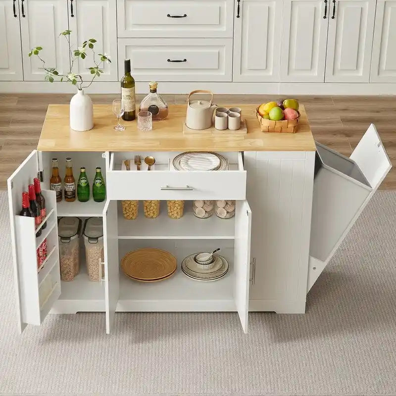 53-Zoll Kücheninsel mit Schubladen und integriertem Mülleimer – Modernes Farmhouse Design für Küche & Esszimmer.