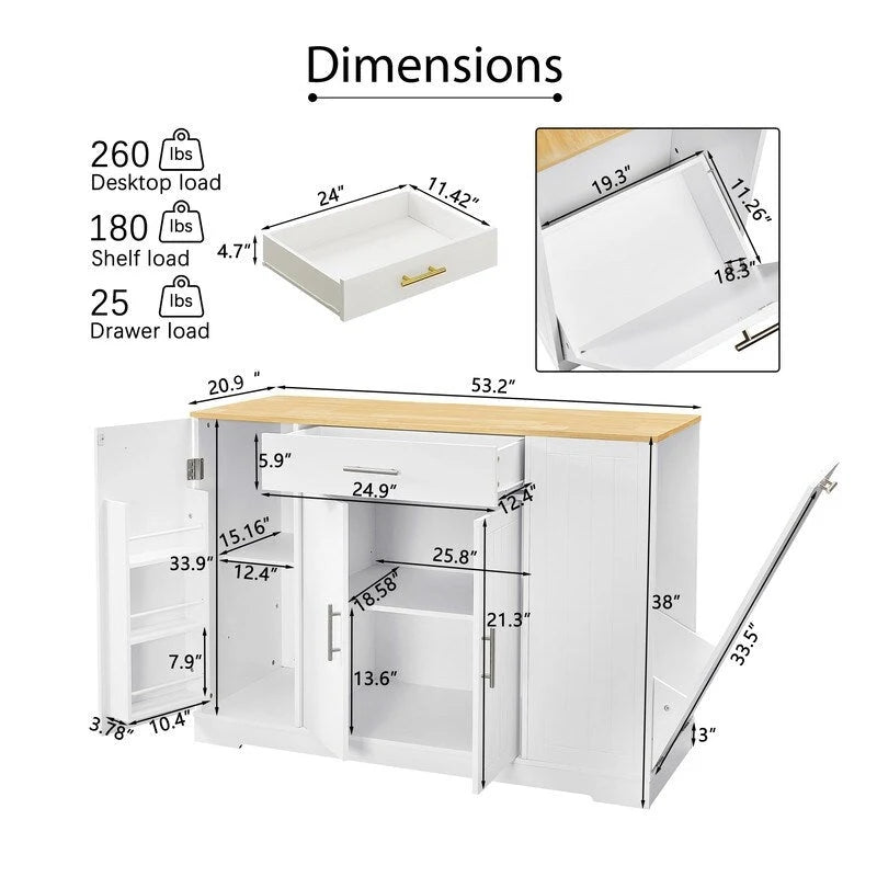 53-Zoll Kücheninsel mit Schubladen und integriertem Mülleimer – Modernes Farmhouse Design für Küche & Esszimmer.