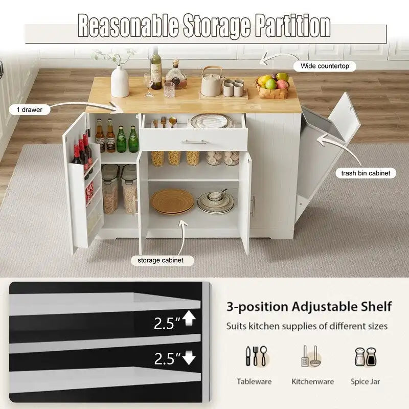 53-Zoll Kücheninsel mit Schubladen und integriertem Mülleimer – Modernes Farmhouse Design für Küche & Esszimmer.