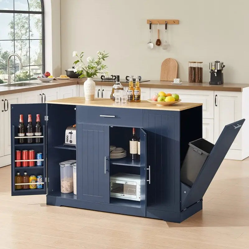 53-Zoll Kücheninsel mit Schubladen und integriertem Mülleimer – Modernes Farmhouse Design für Küche & Esszimmer.