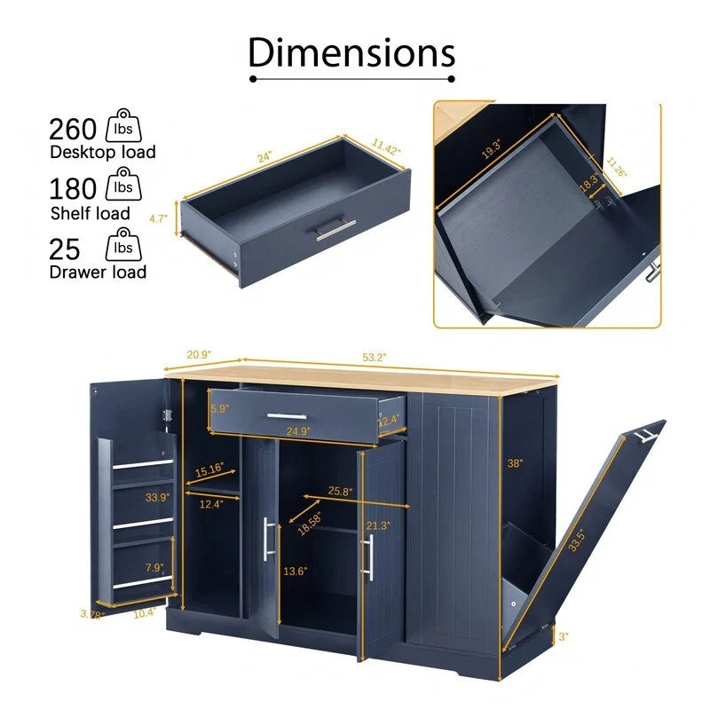 53-Zoll Kücheninsel mit Schubladen und integriertem Mülleimer – Modernes Farmhouse Design für Küche & Esszimmer.