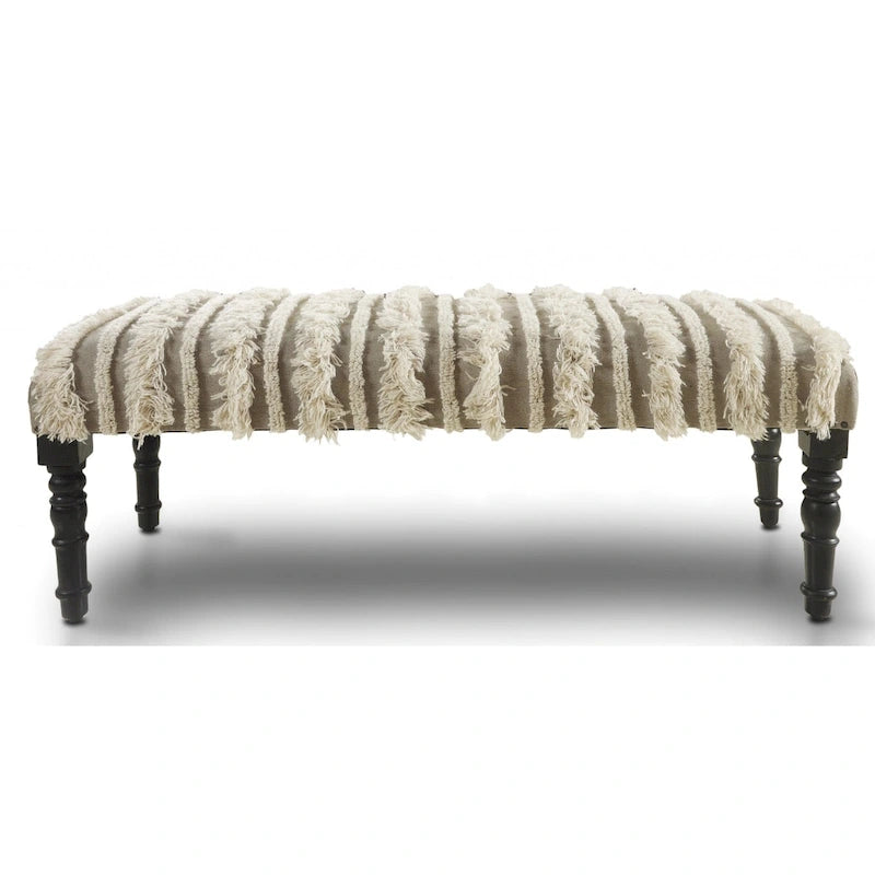 Schlafzimmerbank aus Holz mit cremefarbenem Baumwollbezug, gestreiftem Muster und Nagelbesatz - 40,6 T x 119,4 B x 45,7 H cm