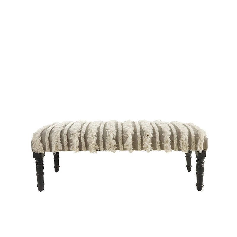 Schlafzimmerbank aus Holz mit cremefarbenem Baumwollbezug, gestreiftem Muster und Nagelbesatz - 40,6 T x 119,4 B x 45,7 H cm