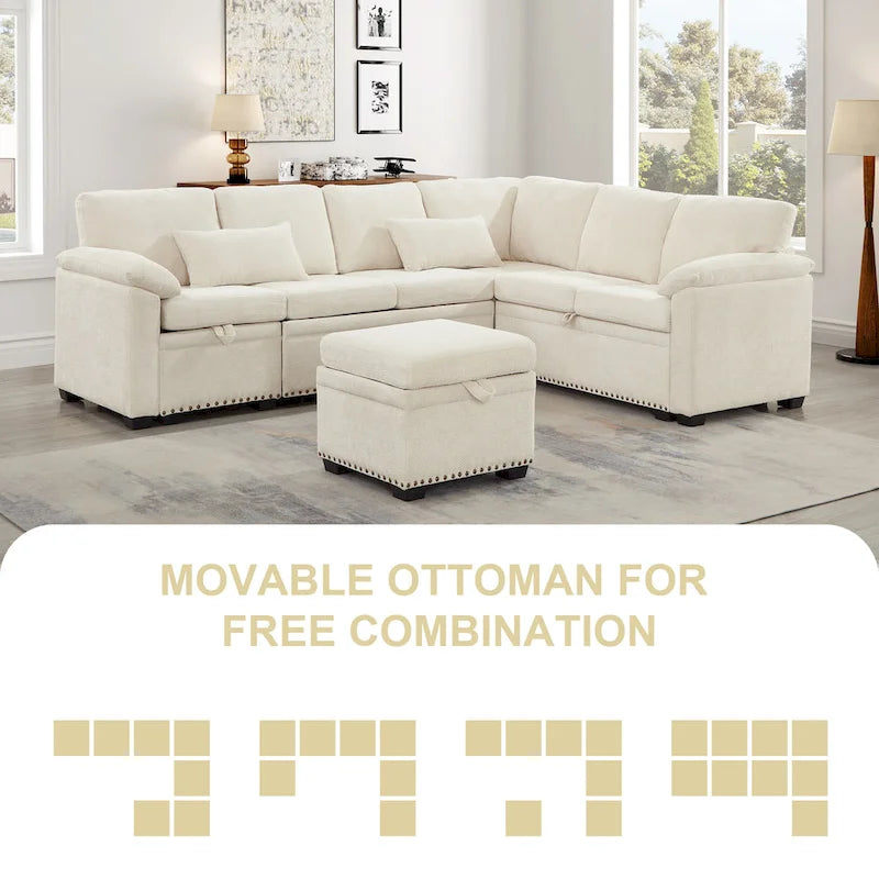 97 Chenille Ecksofa mit Stauraum-Ottomane, 7 Sitze & 2 Kissen - Verwandlungssofa