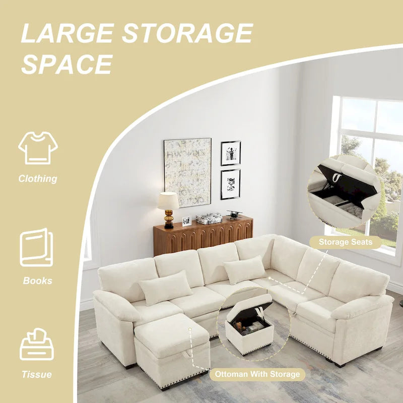 97 Chenille Ecksofa mit Stauraum-Ottomane, 7 Sitze & 2 Kissen - Verwandlungssofa